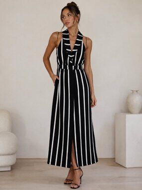 Elliatt black-and-white striped halter maxi dress with sash.